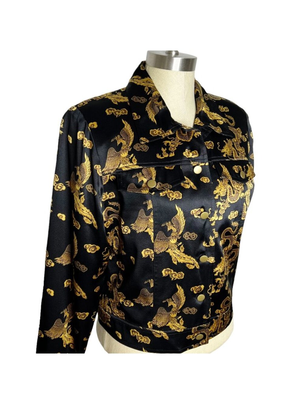 VTG Maggy L NWT Womens Size 10 Black Gold Dragon Print 100% Silk Blazer